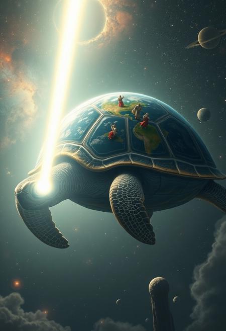 A colossal, ancient turtle floating in cosmic space, its enormous shell carrying the entire Earth. The turtle's eyes are wise and kind, reflecting stars and galaxies. A brilliant, ethereal beam of light extends from the turtle's shell, stretching infinitely across the universe. On its weathered shell, tiny figures of people can be seen making vows and promises. The turtle is surrounded by a mix of oceanic and terrestrial elements, with water and land seamlessly blending on its back. . The scene is rendered in a dreamy, ethereal style with a cosmic background of nebulae and distant planets. The beam pulses with energy, suggesting it supports the structure of reality itself. Highly detailed, majestic, surreal, epic scale."
