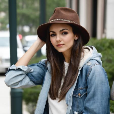 victoria_justice, <lora:VictoriaJusticeXL:1>, woman, 1girl, solo, long hair, brown hair, long sleeves, hat, brown eyes, jacket, upper body, outdoors, hood, makeup, blurry background, crossed arms, denim, jeans, realistic, denim jacket, ((perfect eyes, detailed eyes,realistic eyes)), ((sharp face, detailed face, realistic face, naturtal skin, realistic skin, detailed skin, pores))