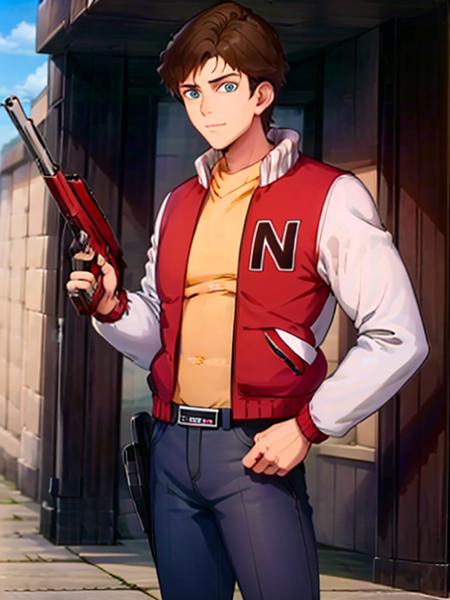 Captain N, 1guy, letterman jacket, gun, pants