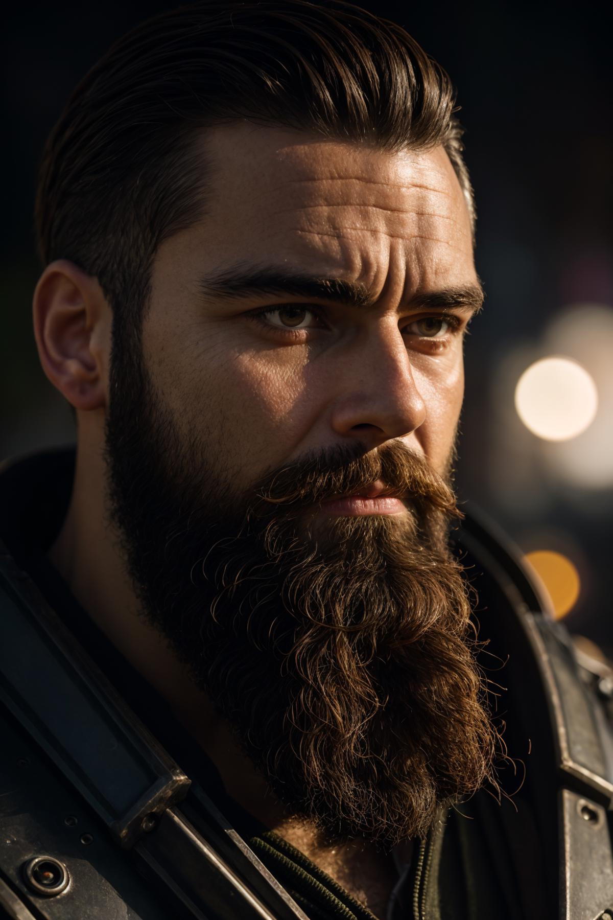 close up Portrait photo of muscular bearded guy in a worn mech suit, ((light bokeh)), intricate, (steel metal [rust]), ele...