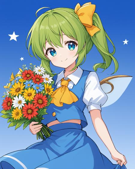 daiyousei,1girl, solo, fairy_wings, blue_skirt, smile, side_ponytail, flower, blue_vest, hair_bow, looking_at_viewer, ascot, closed_mouth, holding_bouquet, blue_background, white_shirt, skirt_set, puffy_short_sleeves, one-hour_drawing_challenge, collared_shirt, yellow_bow, gradient, gradient_background
<lora:daiyousei_image3166_2023-12-11-000010:1>,star-shaped_pupils,symbol-shaped_pupils,. gorgeous,key visual, vibrant, studio anime,award-winning, professional, highly detailed,high budget, cinemascope