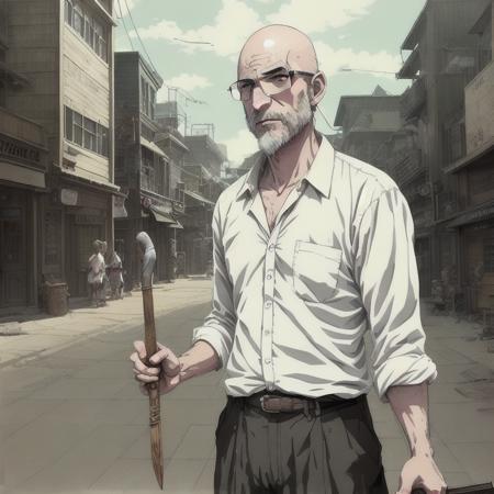 anime drawing of a poor  bald man wearing glasses in a western town, wearing a white shirt and carrying a pitchfork. MortNobody15 Dusty streets, cowboys, wooden buildings. Poor, rumpled, servant,  masterpiece, best quality, ultra-detailed,