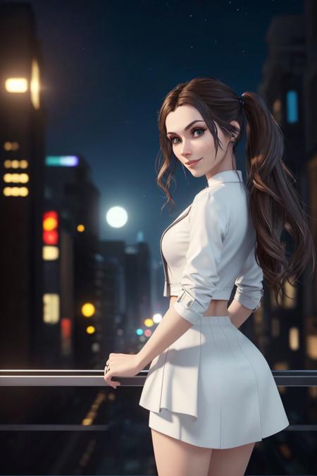 a photo of a beautiful S055_Rolyat, posing for a picture, wearing white-top, white-shirt, white-skirt, white-pants, white-jacket, white-coat, white-outfit, (nighttime:1.4), (city in far background), (brunette:1.3), smiling, (8k, RAW photo, best quality, ultra high res, depth of field:1.1), (absurdres, intricate, photorealistic, masterpiece, ultra-detailed, Unreal Engine:1.3)