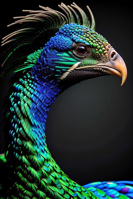 Create a photorealistic close up image of a peacock, feathers,vibrant colors and dark background, highly detailed, aesthetic, great lighting, extremely detailed,  award winning, perfect composition, a rich and complex image of nature, a vibrant tissue of hues and textures captured digitally, best quality, realistic, captivating, intricately detailed, hyper detailed, maximalist style, photorealist, sharp focus, dynamic lighting, superb composition, finest details, highest aesthetics, best quality, sharp focus, high contrast, stylized, clear, colorful, ultra quality, 8k, best quality, masterpiece,midjourneyv6.1