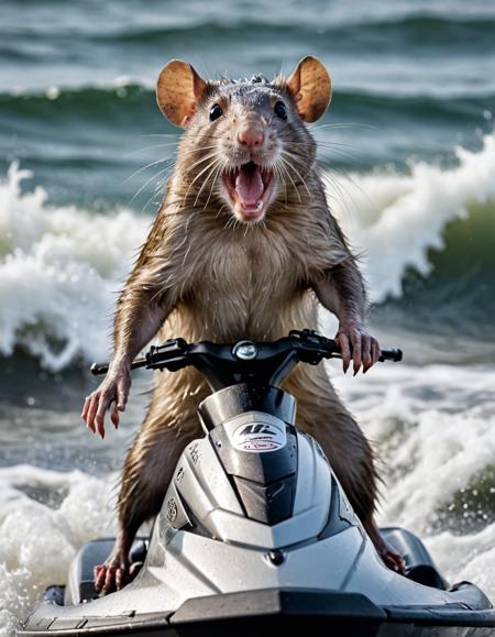 Professional photograph of a very surprised giant rat on a JetSki, wet fur, waves, 8K, masterpiece, best quality, sharp focus, Canon.