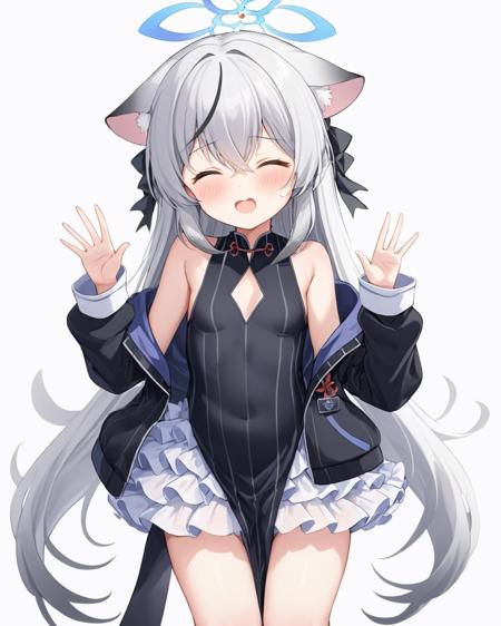 breathtaking,kokona \(blue archive\),1girl, solo, breasts, looking at viewer, blush, open mouth, simple background, long sleeves, white background, dress, jacket, small breasts, frills, one eye closed, open clothes, sleeveless, socks, striped, tears, hand up, off shoulder, black dress, open jacket, black jacket, clothing cutout, halo, wariza, frilled skirt, black socks, vertical stripes, happy birthday, striped dress, waking up, vertical-striped dress
  <lora:Kokona_image220_v1-000035:1> . gorgeous,key visual, vibrant, studio anime,award-winning, professional, highly detailed,high budget, cinemascope