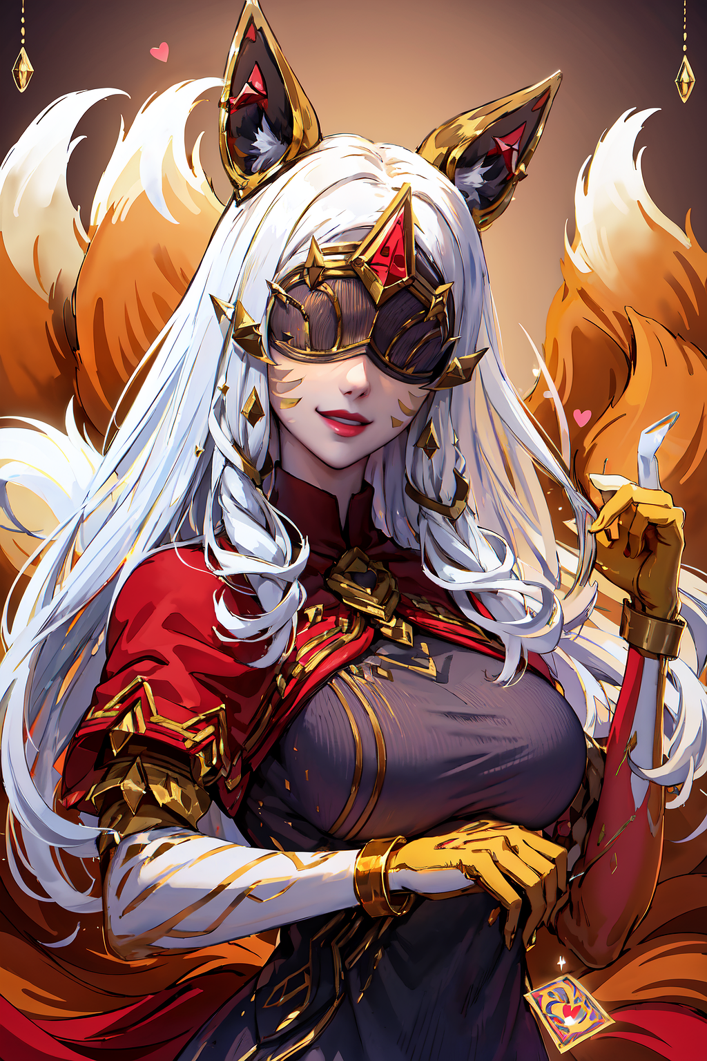 masterpiece, best quality, IncrsAhriArcana, <lora:AhriArcana:1>, fox tail, multiple tails, gloves, dress, mask, upper body...