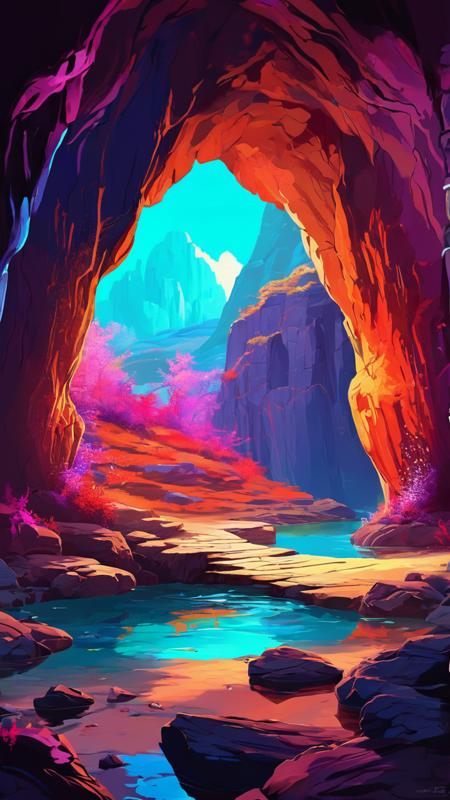 Glo-fi Art Style, a hidden cave with mysterious opening, dynamic, dramatic, vibrant colors, glo-fi art style