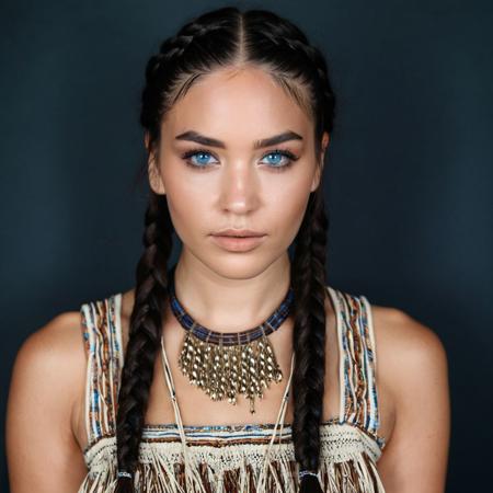 beautiful lady, pursed lips, blue hazel eyes, dark hair, native braids, dark makeup, mole left cheek, hyperdetailed photography, soft light, full body portrait, cover