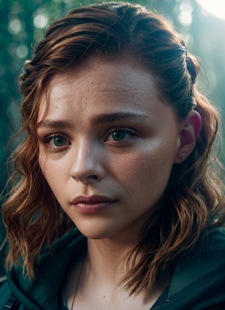 portrait of skswoman, scared , wearing custom-made , with copper Half-up, half-down hairstyle , background mushroom forest epic (photo, studio lighting, hard light, sony a7, 50 mm, matte skin, pores, colors, hyperdetailed, hyperrealistic), <lyco:Chloe Grace Moretz:1.1>