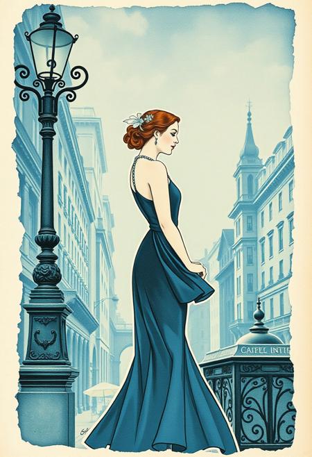Clip art, travel, retro, history and culture, film rubber grainy texture, CityWalk, white torn paper outline, postcard. sophisticated woman rendered in a nineteenth century postcard delicate watercolor in blue tones aesthetic Art Nouveau style