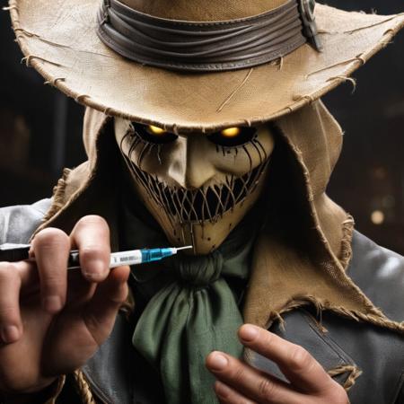 Hyperrealistic art of  <lora:Scarecrow:1.2>
Scarecrow a man with a hat and a five perfect syringe fingers in his hand in Gotham city universe, Extremely high-resolution details, photographic, realism pushed to extreme, fine texture, incredibly lifelike