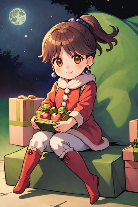 masterpiece,best quality,illustration,beautiful detailed girl, highres,1girl,<lora:porom dsff4:0.8>,porom dsff4,hair bobbles,earrings,(santa claus:1.2),full body,smile,night,moon,sitting