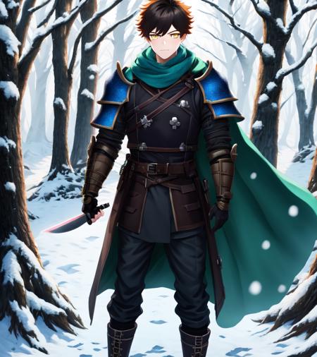 ((anime:1.2), exceptional, best aesthetic, new, newest, best quality, masterpiece, detailed:1.2),
1boy, gloves, solo, scarf, pants, outdoors, belt, tree, forest, snow, boots, nature, knife, snowing, armor, shirt, standing, bangs, male focus, fingerless gloves, white scarf, yellow eyes, short hair, looking at viewer, black gloves, shoulder armor