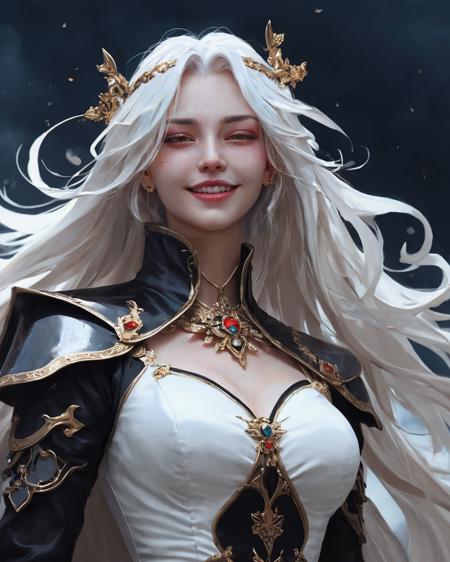 in Krenz Cushart style, A phantom queen, The scene radiates eerie power, high contrast, sharp lighting on her face, upper body portrait, Bloodstained clothes, deity, armored female, medieval style, white and black clothes, ancient entity, beautiful midnight sky, clean line work, evil, wicked smile, long white hair, semirealistic art style, elaborate fine details), (elaborately detailed attire with extraordinary elements), (best quality, realistic:1.4)