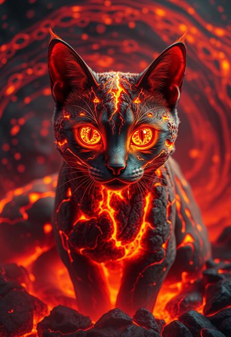 "Create a photorealistic image of a cat made from molten lava, with fissures on its body glowing with an intense, fiery light. Magma drips from its body, as if the cat is slowly melting into a pool of liquid fire. The eyes are gorgeous and radiant, with a beautiful pattern of glowing embers and molten rock swirling around them, creating a sense of depth and dimension. The overall effect is one of breathtaking, fiery wonder. The image should be surrounded by a swirling vortex of magma bubbles, as if the cat is emerging from a sea of molten lava. The bubbles should be rendered in exquisite detail, with subtle texture and movement, adding to the sense of energy and dynamism. The image should capture the intricate details of the molten lava, with a sense of movement and flow." Highest-Quality, 4k, intricate details, visually stunning, Masterpiece