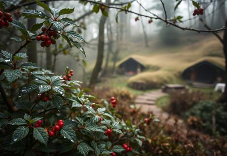 In a forest, on a cold spring morning, deep within the fantastical neighborhood of Hobbiton, in the foreground focus are dewdrops on leaves of bushes, fog, berries, in the far off background beautiful hobbit holes