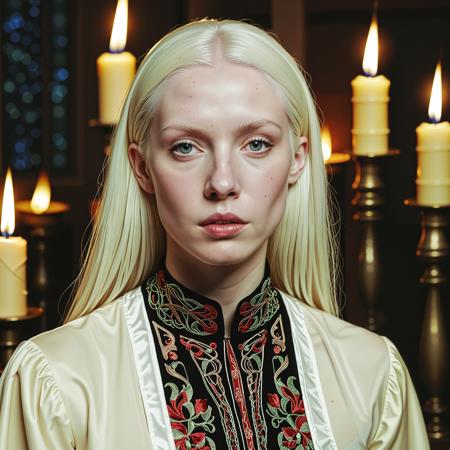 close up analogue photo of a beautiful 25 years (((albino woman:1.5))) with white hair (((pale skin:1.5))), white hair, <lora:Lumiya_SDXL:0.6>, A woman with ash-blonde braids gazes through stained glass in a candlelit chapel, lace blouse and solemn expression, subdued color grading and painterly light.