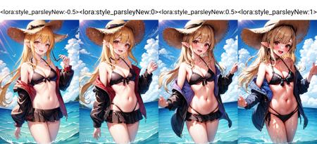 1girl, :d, alternate_costume, bangs, bare_shoulders, bikini, bikini_skirt, black_bikini, blonde_hair, blue_sky, blush, bow, breasts, cleavage, collarbone, cowboy_shot, day, eyebrows_visible_through_hair, front-tie_bikini, groin, hand_on_hip, hat, horns, jacket, long_hair, looking_at_viewer, medium_breasts, navel, off_shoulder, official_alternate_costume, open_clothes, open_mouth, outdoors, pointy_ears, red_eyes, see-through, sidelocks, sky, smile, solo, standing, stomach, straw_hat, sun_hat, swimsuit, thighs, very_long_hair, virtual_youtuber, wading, water, wet <lora:style_parsleyNew:-0.5>