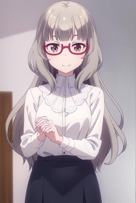 shizukuhazuki, <lora:shizuku hazuki s2-lora-nochekaiser:1>, 
shizuku hazuki, long hair, bangs, (brown eyes:1.5), grey hair, glasses, semi-rimless eyewear, red-framed eyewear, under-rim eyewear, smile,
BREAK skirt, shirt, long sleeves, white shirt, black skirt, fringe trim,
BREAK indoors, office,
BREAK looking at viewer, (cowboy shot:1.5),
BREAK <lyco:GoodHands-beta2:1>, (masterpiece:1.2), best quality, high resolution, unity 8k wallpaper, (illustration:0.8), (beautiful detailed eyes:1.6), extremely detailed face, perfect lighting, extremely detailed CG, (perfect hands, perfect anatomy),