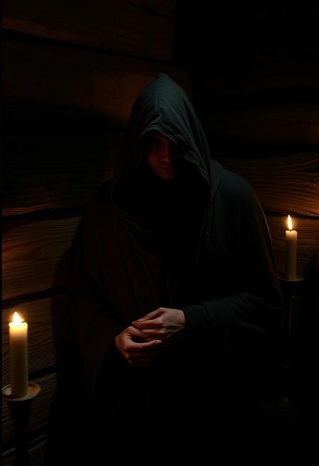 “A shadowy figure lurks in the dimly lit corner of an old wooden cabin, their face partially obscured by a tattered hood. Flickering candlelight casts long, eerie shadows across the rough-hewn walls, highlighting the gleam of watchful eyes. Their posture is tense, hands hidden beneath a weathered cloak, as if concealing something. The air is thick with mystery and unease, the scent of damp wood and aged parchment filling the room. Outside, the wind howls through the trees, masking any whispered secrets they might be keeping.”