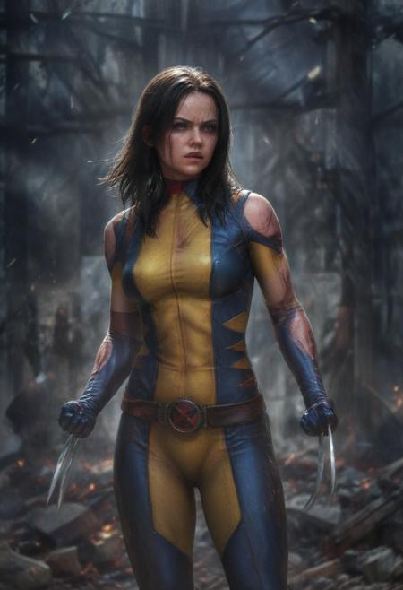 High resolution ultra-realistic of Beautiful Laura Kinney/X-23, cinematic lighting, MCU style, ultra realistic, 8K, fighting stance, X-Men style, standing among the ruins of buildings, Greg Rutkowski, Intricately Designed bloody dirty face, wavy black hair, Realistic beautiful brown eyes, gazing straight ahead, Atrractive 21 years old Dafne Keen as X-23 woman, realistic modern combat X-Men costume, dirty, bloody, beautiful firm Breasts, defiant and seductive, X-Men style, Marvel style, MCU sci-fi style, Superheroine, Standing in the middle of a dark dirty street on the City, sharp focus, digital painting, Photograph Taken on Nikon D750, Alphonse Mucha, 8K, athletic figure, Hyperdetailed, hyperrealism, aesthetics reminiscent of X-Men, Attractive, Attractive bust girl, asymmetric balance