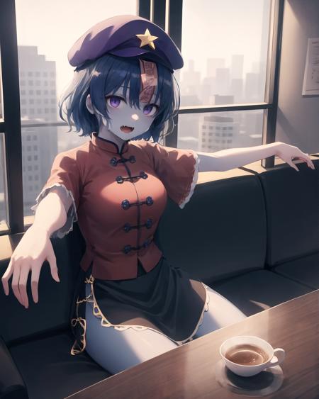 best quality, (masterpiece:1.2), illustration, absurdres,
(1girl), (solo), (beautiful detailed girl),
<lora:Yoshika:0.9>,  Miyako Yoshika, (blue skin, purple skin:1.1), dark blue hair, purple eyes, medium breasts, zombie, jiangshi, undead
(purple headwear:1.1), yellow star ornament, ofuda on forehead, red shirt, short sleeves, black skirt with frills, tangzhuang, chinese clothes,
open mouth, fangs, empty eyes, thousand yard stare, drooling,
inside trendy cafe, window, day, godrays, sunlight, buildings,
table, tea cup, coffee, drinks, sitting on sofa, restaurant,
((outstretched arms, stiff limbs)),