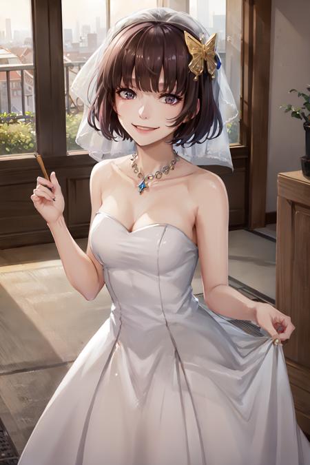 (masterpiece, best quality:1.2), <lora:bsd_akiko-10:0.7>, cowboy shot, solo, 1girl, yosano akiko, smile, looking at viewer, bangs, butterfly hair ornament, wedding veil, wedding gown