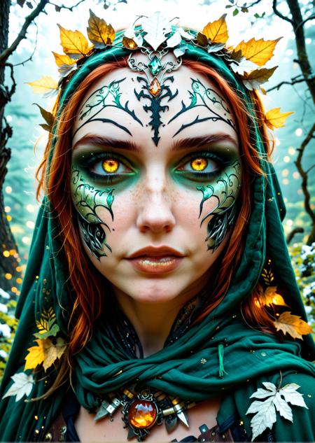 A mystical forest druidess, Extreme Upper Body Closeup Portrait, Vibrant amber and earthy green color graded. Her face, framed by a loosely draped linen hood, is illuminated by soft, diffused light that highlights her delicate features. Freckles dot her youthful yet weathered skin, telling stories of her bond with the wilds, while a subtle, satisfied smile graces her lips, exuding confidence and calm. Her piercing eyes, shaded slightly by the oversized hood, shimmer with an earthy warmth that draws you in. Strands of unkempt auburn hair peek from beneath the hood, blending seamlessly with her natural surroundings. The intricate details of her attire feature a chest piece adorned with organic patterns resembling vines and leaves, crafted from translucent amber and dark green materials. The snowy, shadowy forest backdrop contrasts beautifully with the druidessâs radiant and enchanting presence., <lora:lora\Derelict_Faces.safetensors:1.0:1.0> <lora:lora\What_I_Like.safetensors:1.0:1.0> <lora:lora\Add_more_details_V2_XLpony.safetensors:0.8:0.8> <lora:lora\aidmaMidjourneyV6.1-v0.1.safetensors:0.8:0.8>