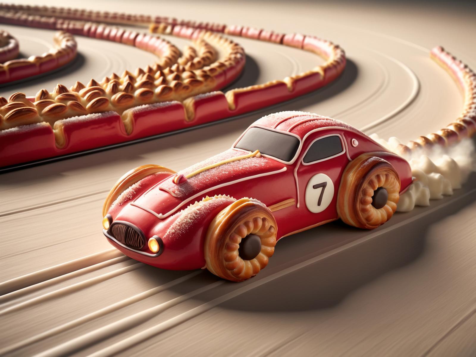 A Red Cake Car on a Race Track with a 7 on its Side.