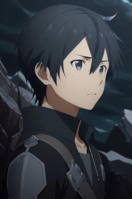 high resolution, solo, best quality, 1Boy, Kazuto Kirigaya, portraits, Black Hair, Black Eyes, existential longing, fantasy background, strong wind, OverallDetail