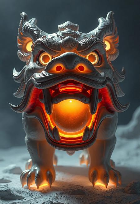 masterpiece, best quality, amazing quality, very aesthetic, high resolution, ultra-detailed, absurdres, newest,  photorealistic details, volumetric lighting, foo dog with a spherical head and no body, large gapping maw, subsurface, glowing with inner light