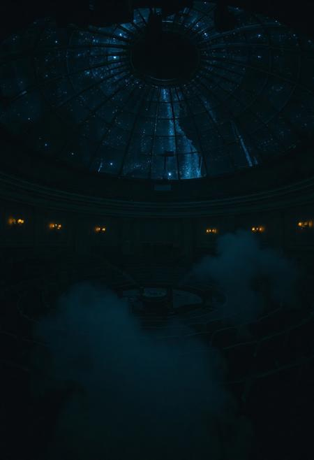 Inside a dusty, forgotten planetarium — bathed in dark blue light from an old projector. Star maps flicker across domed ceilings through the mist. Rows of empty seats dissolve into shadow. A slow circular dolly reveals faded constellations dancing across fog. Surreal and still. Film grain, dream logic, One Heart composition