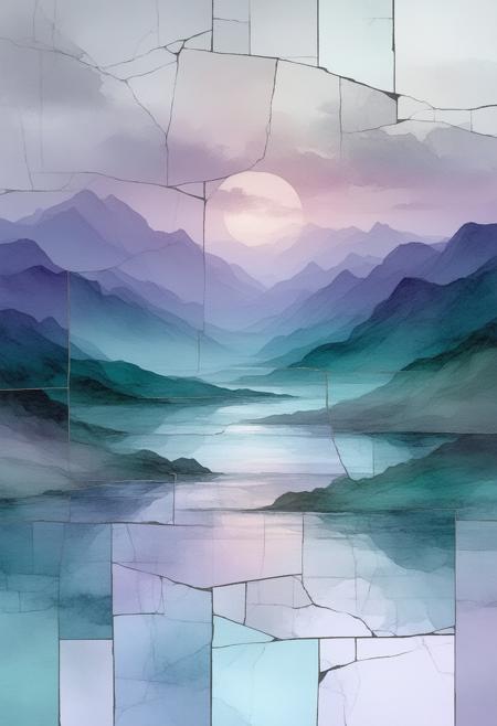 An ethereal and dreamlike depiction of a watercolor landscape, rendered in a fractured, stained-glass Cubist style. The scene shatters into geometric shards, revealing fragmented perspectives of rolling hills, a distant river reflecting a pastel sky, and a sense of boundless tranquility, all bathed in a soft, otherworldly glow. The palette utilizes delicate washes of lavender, pale turquoise, and rose quartz, punctuated by bold black outlines and a subtle, inner luminescence that seems to emanate from the landscape itself. Photorealistic details of the waterâs reflections, the foliage's subtle variations in color, and the distant mountains' jagged peaks harmonize with the abstract fragmentation, creating a captivating vision of a dreamscape. Ultra detailed, 8k resolution, volumetric lighting, octane render, emphasizing the interplay of light and shadow and a sense of serene wonder.