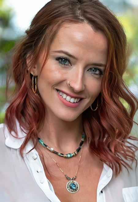 (super-high resolution), (intricate detail), (highest quality), nsfw, brtny woman, white blouse necklace, earrings, bangles, glossy lips, eyeliner, BREAK, professional modelling photography, high quality camera, skim blemishes, smile, red hair<lora:LowRA:0.3>