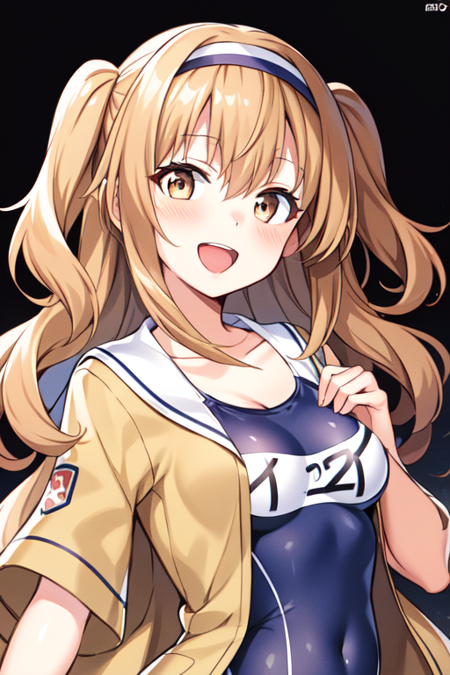  I26KC, 1girl, solo, long hair,short sleeves, hairband, sailor collar, two side up, one-piece swimsuit, school swimsuit, name tag, swimsuit under clothes, brown jacket,