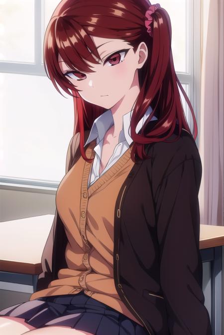 izuminogami, <lora:izuminogami-lora-nochekaiser:1>, 
izumi nogami, red hair, one side up, medium hair, scrunchie, (red eyes:1.5),
BREAK skirt, school uniform, pleated skirt, shoes, socks, cardigan, brown cardigan,
BREAK looking at viewer,
BREAK indoors, classroom,
BREAK <lora:GoodHands-vanilla:1>, (masterpiece:1.2), best quality, high resolution, unity 8k wallpaper, (illustration:0.8), (beautiful detailed eyes:1.6), extremely detailed face, perfect lighting, extremely detailed CG, (perfect hands, perfect anatomy),