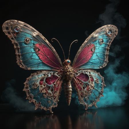 A clockwork butterfly hovering in front of a blank black background, steam rising from its wingtips, Warm sunset lighting, cyan, magenta, ruby, ochre, 8k resolution, crazy details, cinematic, highly intricate, mesmerizing, extremely detailed.