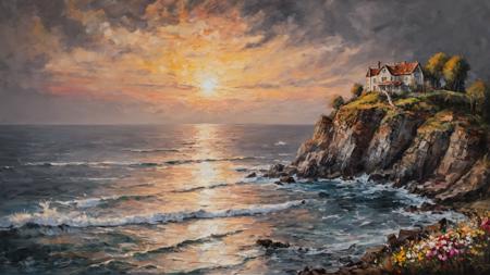 RAW, analog capture with Nikon Z 85mm lens, an acclaimed and alluring photograph recognized for its ((superlative quality)), hailed as a ((masterpiece)), an intricately detailed a house on a rocky shore at sunset, sad sky, sploch
, captured with professional precision in 4k resolution. The scene unfolds amid the bloom of spring flowers, bathed in the warmth of god rays, creating a delicate and innocent ambiance. The photograph boasts high-resolution imaging, capturing every nuance of the subject's facial features with remarkable detail and sharp focus. The aesthetic appeal is heightened by the smooth rendering, offering an extremely detailed and realistic portrayal. Post-processing techniques further enhance the image, achieving maximum detail and conveying a sense of roughness reflective of real-life textures. The result is an ultra-realistic depiction, showcasing the artistry of photorealism in exquisite 8k UHD. The play of SEMI-SILHOUETTE light adds depth and dimension, reminiscent of impressionist painting techniques with brushstrokes and palette knife strokes. This expressive composition, inspired by the styles of Leonid Afremov, incorporates elements of (cell shading: 1.2) and a 2D visual aesthetic, akin to the richness found in oil paintings (oil painting: 1.2), all meticulously curated by the skilled hand of Carne Griffiths.