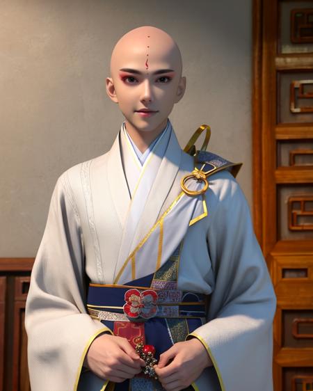 1boy, bald,brown eyes, chinese clothes, looking at viewer, white kimono,upper body,