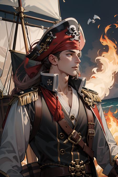 (absurdres, highres, ultra detailed), 1 male, mature, manly, tall muscular, handsome, finely detailed eyes, intricate details, brown skin, portrait, freckles, looking up, solo, half shot, detailed background,   evil naval officer, rich pirate captain outfit,  pirate fantasy theme, high seas,  black  sails,  cannonfire, flames,    floating debris, pirate battle,    coastal pirate town,   docks, shacks, camp,    calm,     compass, treasure map, rum, barrels in background,  cannonballs,