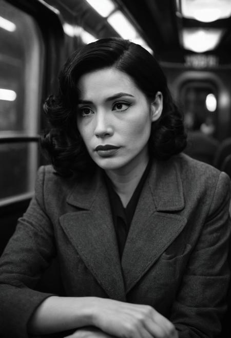 high resolution photo close-up of kkn woman,she has noir hair wearing a 50s suit, in a black and white cinematic movie,she is sitting on a train,gloomy,dimly lit,bokeh,depth of field,she is looking at camera,masterpiece,volumetric fog,film grain