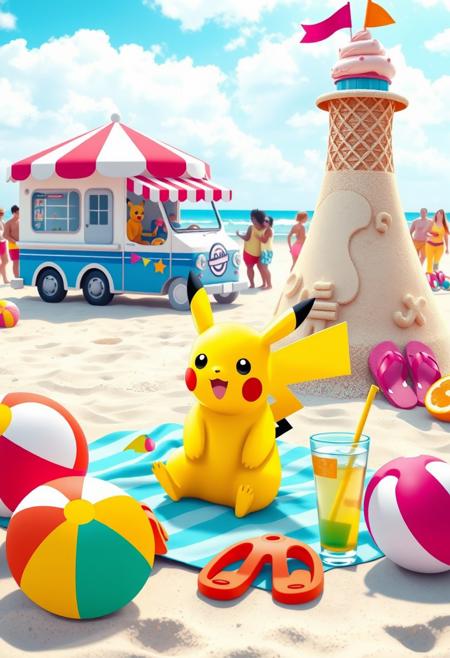 Pikachu sitting on a beach towel surrounded by colorful beach balls and flip-flops. Nearby, tropical drink and fruits. In the background, a lighthouse sand sculpture stands next to an ice cream truck with a giant cone, serving treats to cheerful beachgoers. The scene captures a fun, playful summer vibe with the sound of waves crashing nearby.