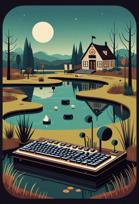 A modern flat design illustration using natural earth tones, simple two-dimensional shapes, browns and beiges, depicting a quirky keyboard with expressive caricature features near a pond, sharp linework, muted RGB colors, dark humor, gothic themes, macabre undertones, satirical composition, whimsical creepiness, eerie atmosphere.