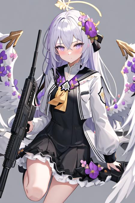 best quality, masterpiece, highres, solo, {azusa_bluearchive:1.15}, long_hair, hair_ornament, hair_between_eyes, flower, hair_flower, halo, wings, white_hair, purple_eyes, bangs, blush, purple_flower, white_wings, 1girl, assault_rifle, gun, m4_carbine, rifle, school_uniform, weapon, holding_weapon, looking_at_viewer, holding, dress, white_jacket, holding_gun, long_sleeves, sailor_collar, black_sailor_collar, jacket, black_dress, feathered_wings, frills, closed_mouth