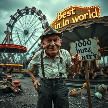 score_9, score_8_up, score_7_up, a decadent amusement park, dirty, trash, dust,  a giant HORRIBLE ruined roller coster with a large sign with lights with the text "The Best in the world", some light bulbs burned out, carousel with broken horses
An elderly man with a wrinkled, semi-bald face with a grimace, squinting eyes, wearing suspenders, shorts, and a dirty white shirt, mustard and ketchup stain,  gangster hat, pointing at a sign with the text "1000 buzz to entry"