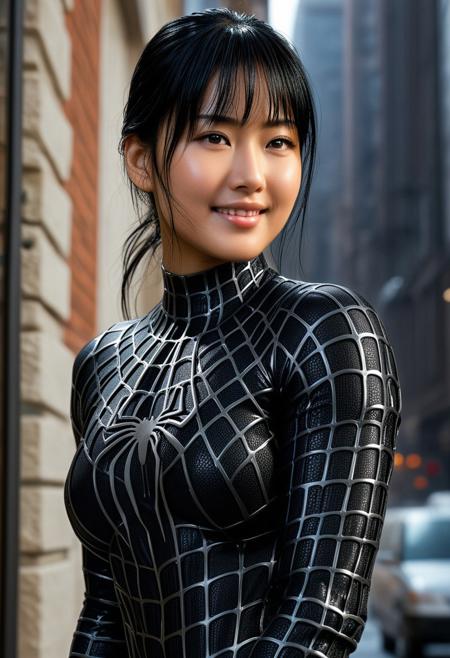 score_9, score_8_up, score_7_up, best quality, realistic, masterpiece, beautiful detail, hyperrealistic, cafe, ((1girl, woman body, huge breasts)), amazing detailed full body portrait of a beautiful japanese girl, wearing a realistic and highly detailed black raimi spider-man suit, ((huge muscular girl)), professional model wears ultra - detailed and grained black raimi spider - man suit, suit covered entire body and hand, black spiderman gloves, wet, (full body), (elegant pose), sweet smile, black hair, octane render, highly detailed, volumetric, dramatic lighting, (highest quality:1.1), (HDR:1.3), (top quality, best quality), realistic, high definition, Expressionism - sharp focus, professional photography, masterpiece, ultra detailed photograph, high quality, 8k,
