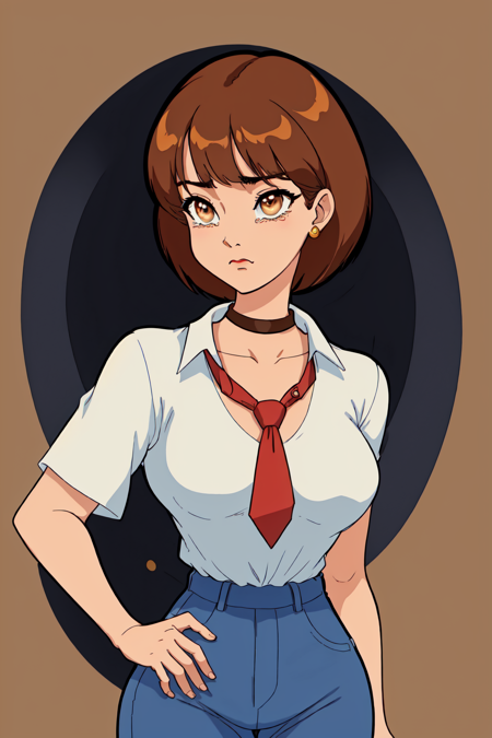 1girl, bangs, brown eyes, closed mouth, collarbone, collared shirt, dress, holding, jeans, jewelry, medium breasts, mj manga, necktie, portrait, retro artstyle, scar, short hair, solo, spacecraft, tears <lora:MjManga:0.8>