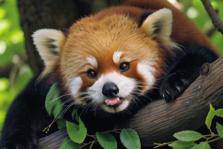 ,no human, redpanda, masterpiece, best quality, photo realistic,whiskers, animal, plant, realistic, animal focus,sunlight,blurry,traditional media, forest.tree,cute,half body,close up,lying,animal,animal tongue
