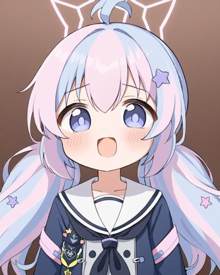 reisa \(blue archive\),1girl, solo, star_hair_ornament, star_\(symbol\), open_mouth, blush_stickers, white_sailor_collar, chibi, long_sleeves, tears, blush, wavy_mouth, looking_at_viewer, white_shirt, double_v, twintails, upper_body, serafuku, o_o
<lora:reisa_(blue_archive)_image894_2023-11-28:1>halo. gorgeous,key visual, vibrant, studio anime,award-winning, professional, highly detailed,high budget, cinemascope